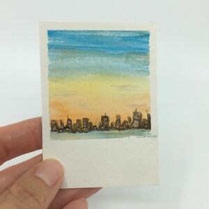 ACEO Mini City Sunset Watercolor Painting Signed Original Art 2.5” x 3.5”